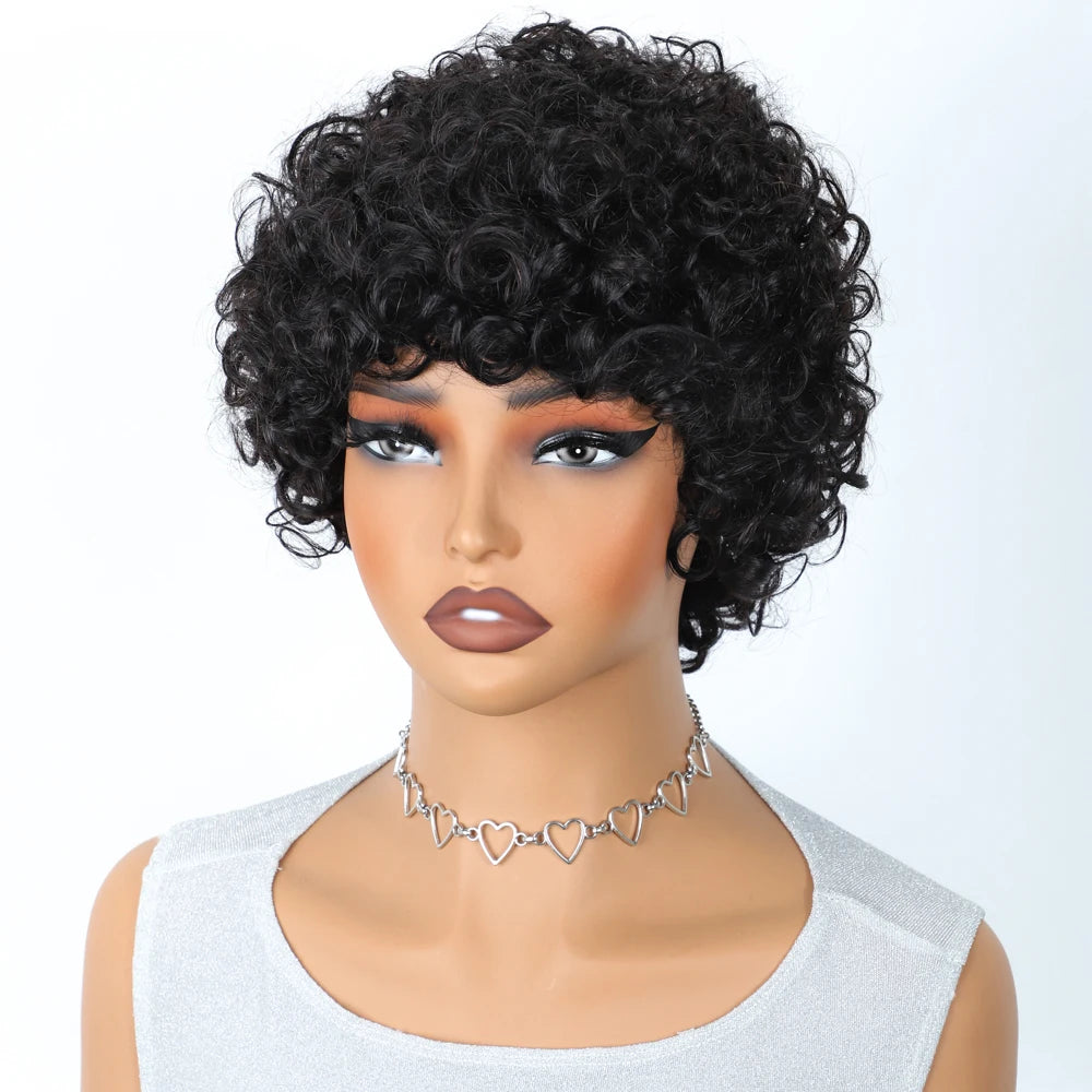 Sleek Short Pixie Afro Kinky Curly Wigs for Black Women Glueless Natural Brown Bob Wig With Bangs Brazilian Human Hair Wigs