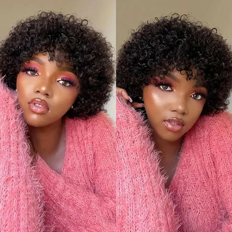 Sleek Short Pixie Afro Kinky Curly Wigs for Black Women Glueless Natural Brown Bob Wig With Bangs Brazilian Human Hair Wigs
