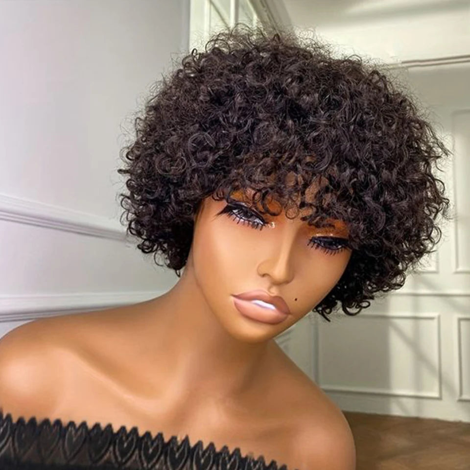 Sleek Short Pixie Afro Kinky Curly Wigs for Black Women Glueless Natural Brown Bob Wig With Bangs Brazilian Human Hair Wigs