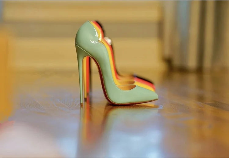 Multi color customized 12cm super high heels, nude white patent leather, sexy red sole, pointed thin single order shoes