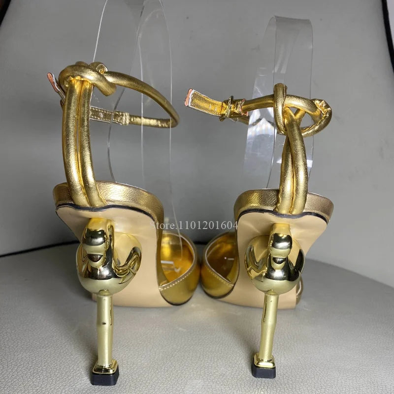New Women's Bird Hollow Heel Embossed Cross Design Bling Open Slingback Shiny Buckle Sandals Round Toe Gold Modern Fashion Shoes