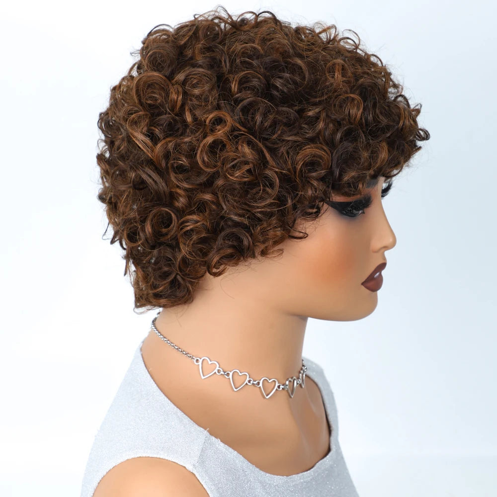 Sleek Short Pixie Afro Kinky Curly Wigs for Black Women Glueless Natural Brown Bob Wig With Bangs Brazilian Human Hair Wigs