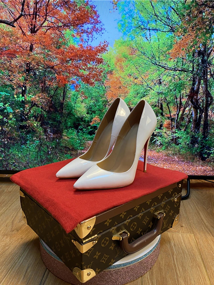 Multi color customized 12cm super high heels, nude white patent leather, sexy red sole, pointed thin single order shoes