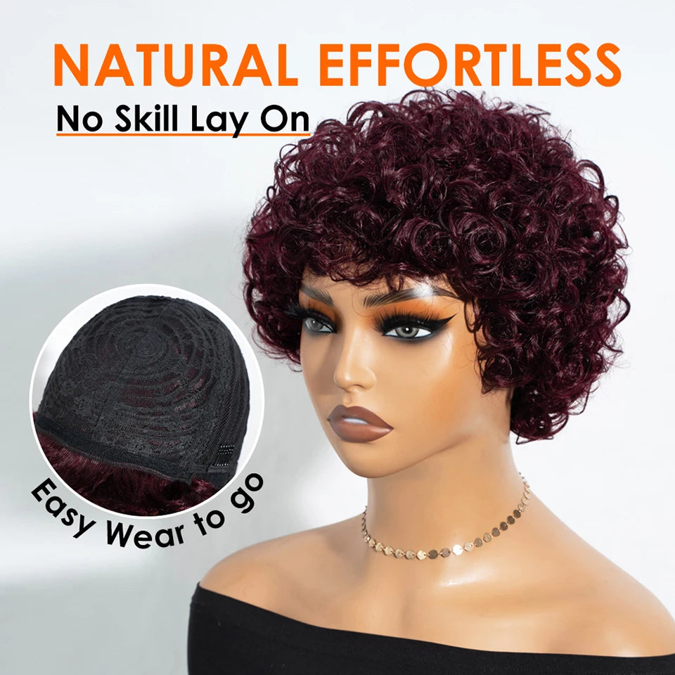 Sleek Short Pixie Afro Kinky Curly Wigs for Black Women Glueless Natural Brown Bob Wig With Bangs Brazilian Human Hair Wigs