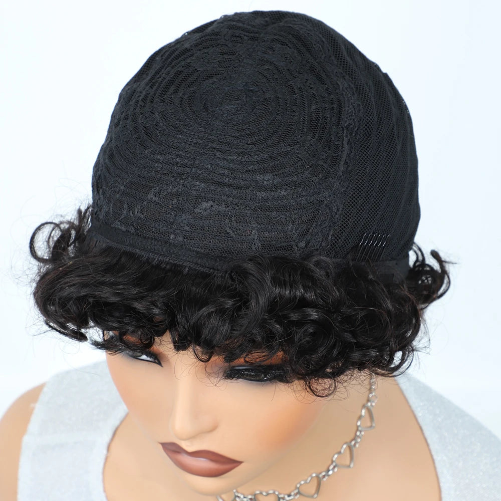 Sleek Short Pixie Afro Kinky Curly Wigs for Black Women Glueless Natural Brown Bob Wig With Bangs Brazilian Human Hair Wigs