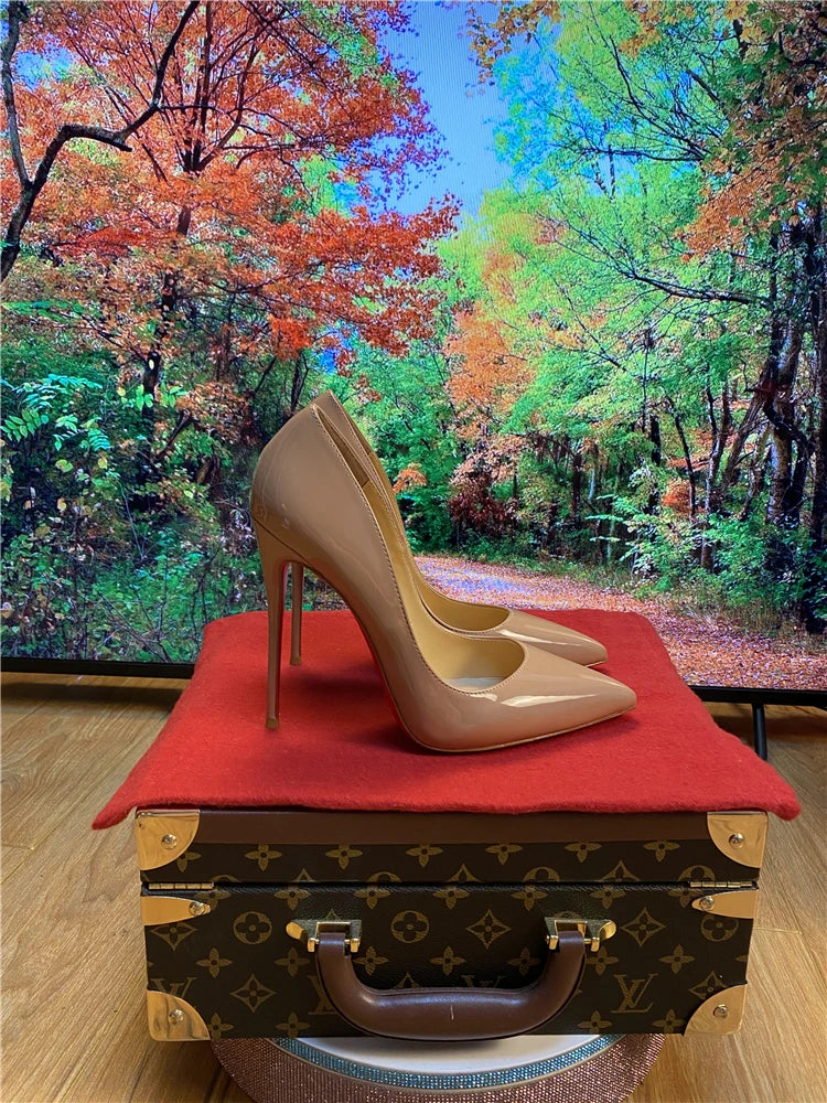 Multi color customized 12cm super high heels, nude white patent leather, sexy red sole, pointed thin single order shoes