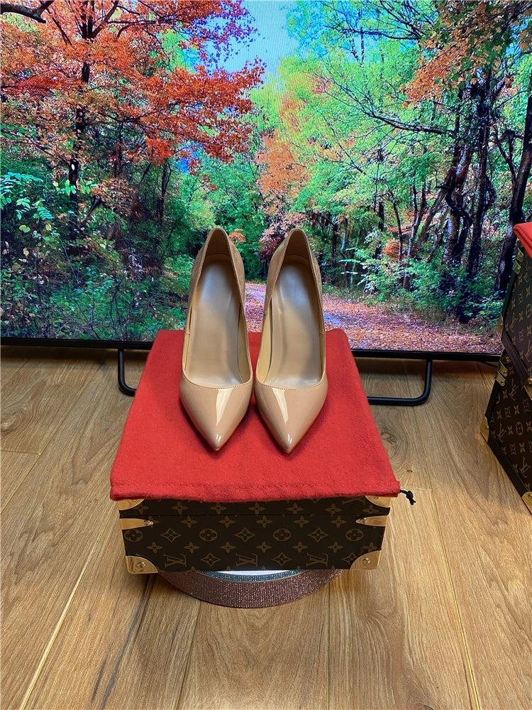 Multi color customized 12cm super high heels, nude white patent leather, sexy red sole, pointed thin single order shoes