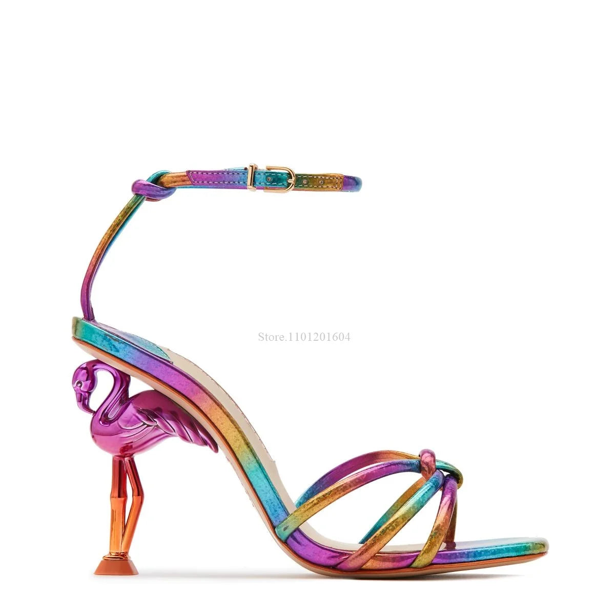 New Women's Bird Hollow Heel Embossed Cross Design Bling Open Slingback Shiny Buckle Sandals Round Toe Gold Modern Fashion Shoes