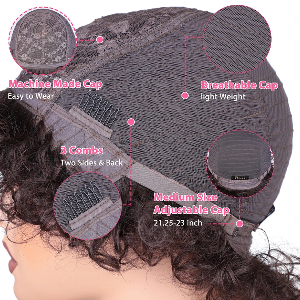 Sleek Short Pixie Afro Kinky Curly Wigs for Black Women Glueless Natural Brown Bob Wig With Bangs Brazilian Human Hair Wigs