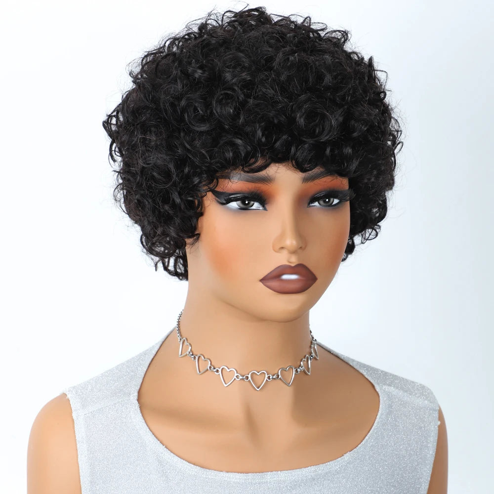 Sleek Short Pixie Afro Kinky Curly Wigs for Black Women Glueless Natural Brown Bob Wig With Bangs Brazilian Human Hair Wigs