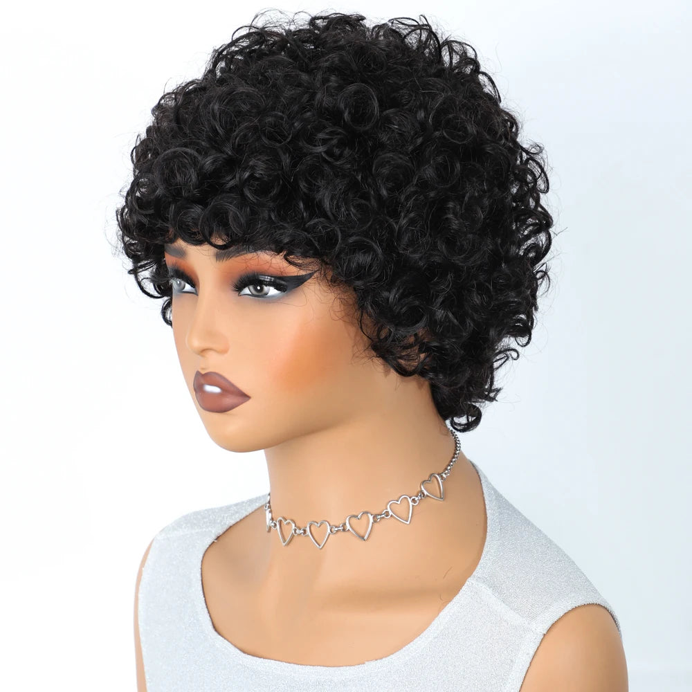 Sleek Short Pixie Afro Kinky Curly Wigs for Black Women Glueless Natural Brown Bob Wig With Bangs Brazilian Human Hair Wigs