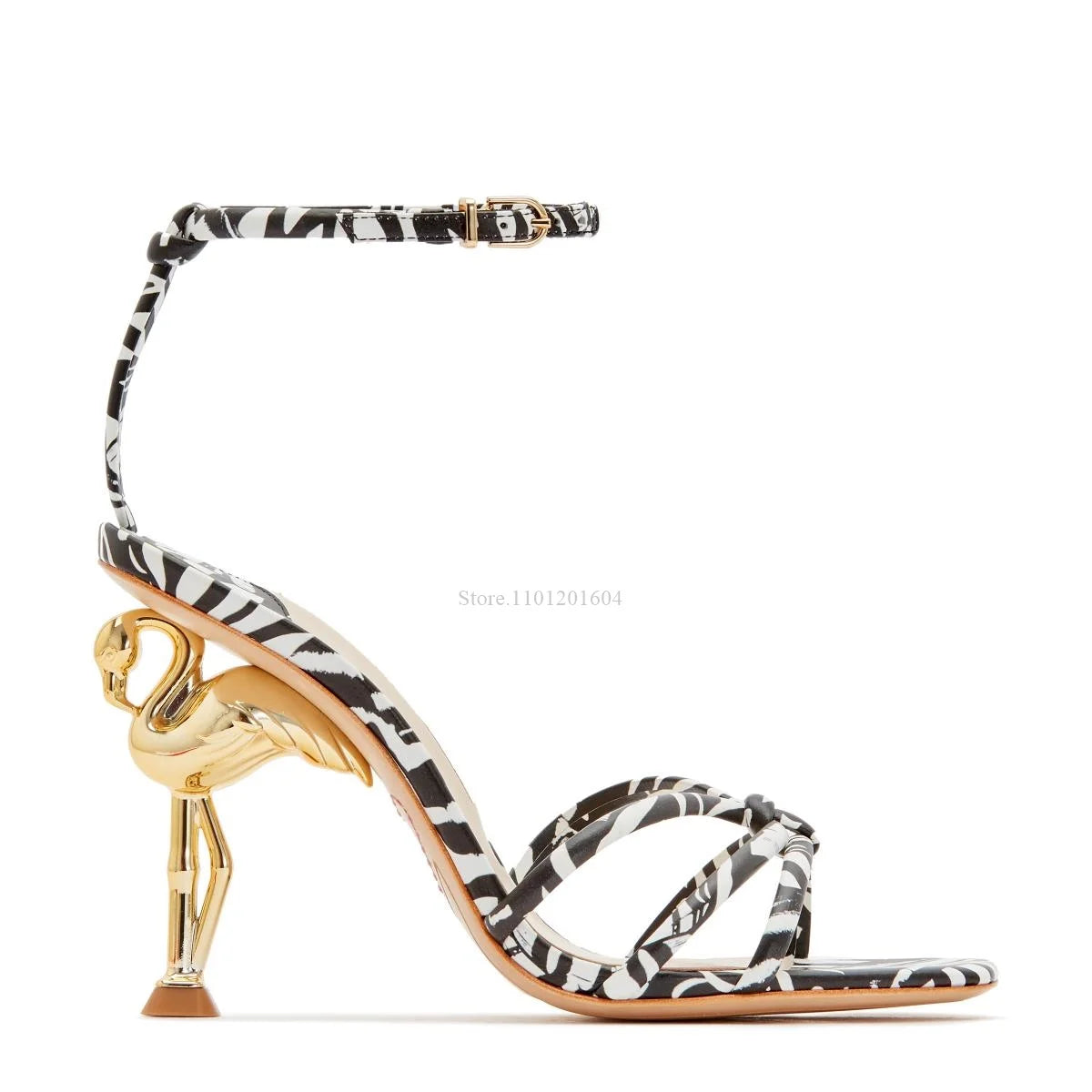 New Women's Bird Hollow Heel Embossed Cross Design Bling Open Slingback Shiny Buckle Sandals Round Toe Gold Modern Fashion Shoes