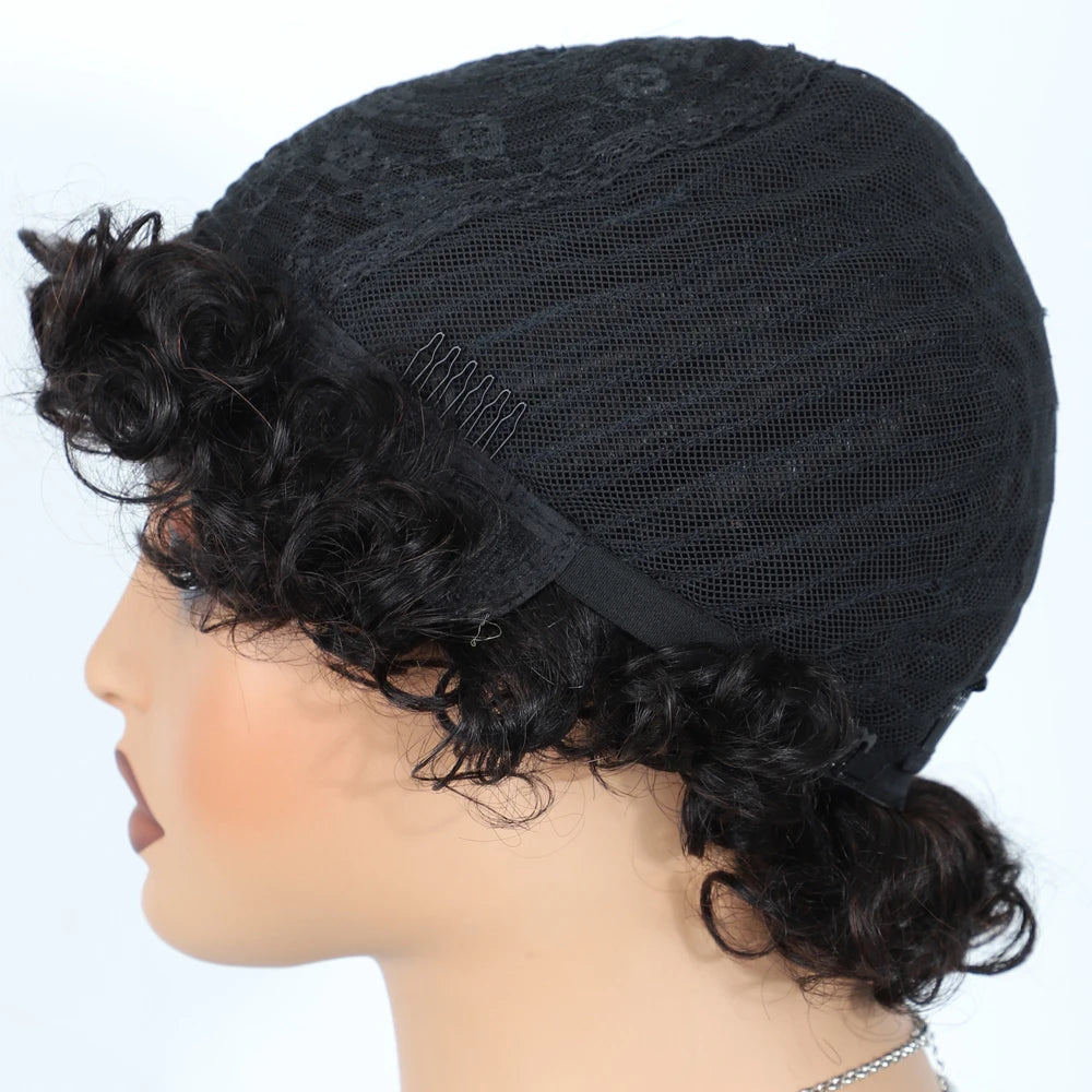 Sleek Short Pixie Afro Kinky Curly Wigs for Black Women Glueless Natural Brown Bob Wig With Bangs Brazilian Human Hair Wigs