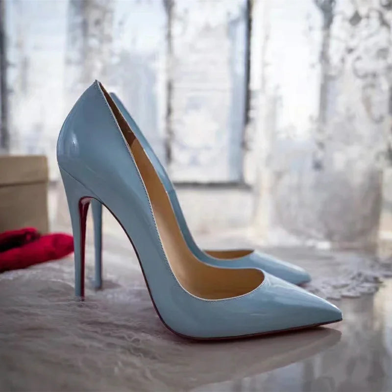 Multi color customized 12cm super high heels, nude white patent leather, sexy red sole, pointed thin single order shoes
