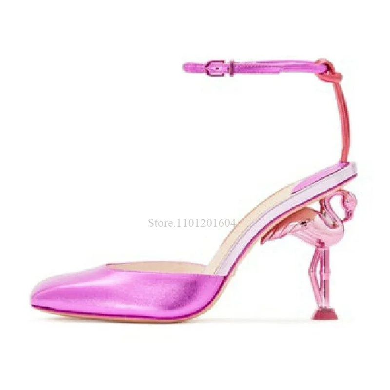 New Women's Bird Hollow Heel Embossed Cross Design Bling Open Slingback Shiny Buckle Sandals Round Toe Gold Modern Fashion Shoes