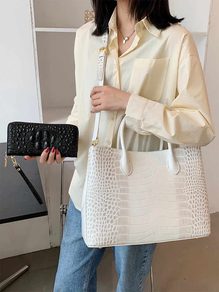 2024 New Crocodile Leather Women's Handbag Tote Bag Large Capacity Shoulder Messenger Bag Commuter Luxury Fashion Portable Bags