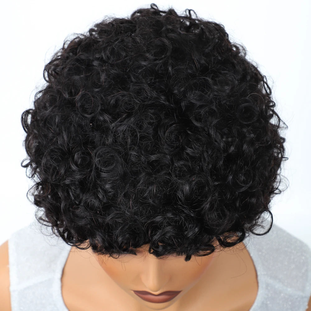Sleek Short Pixie Afro Kinky Curly Wigs for Black Women Glueless Natural Brown Bob Wig With Bangs Brazilian Human Hair Wigs