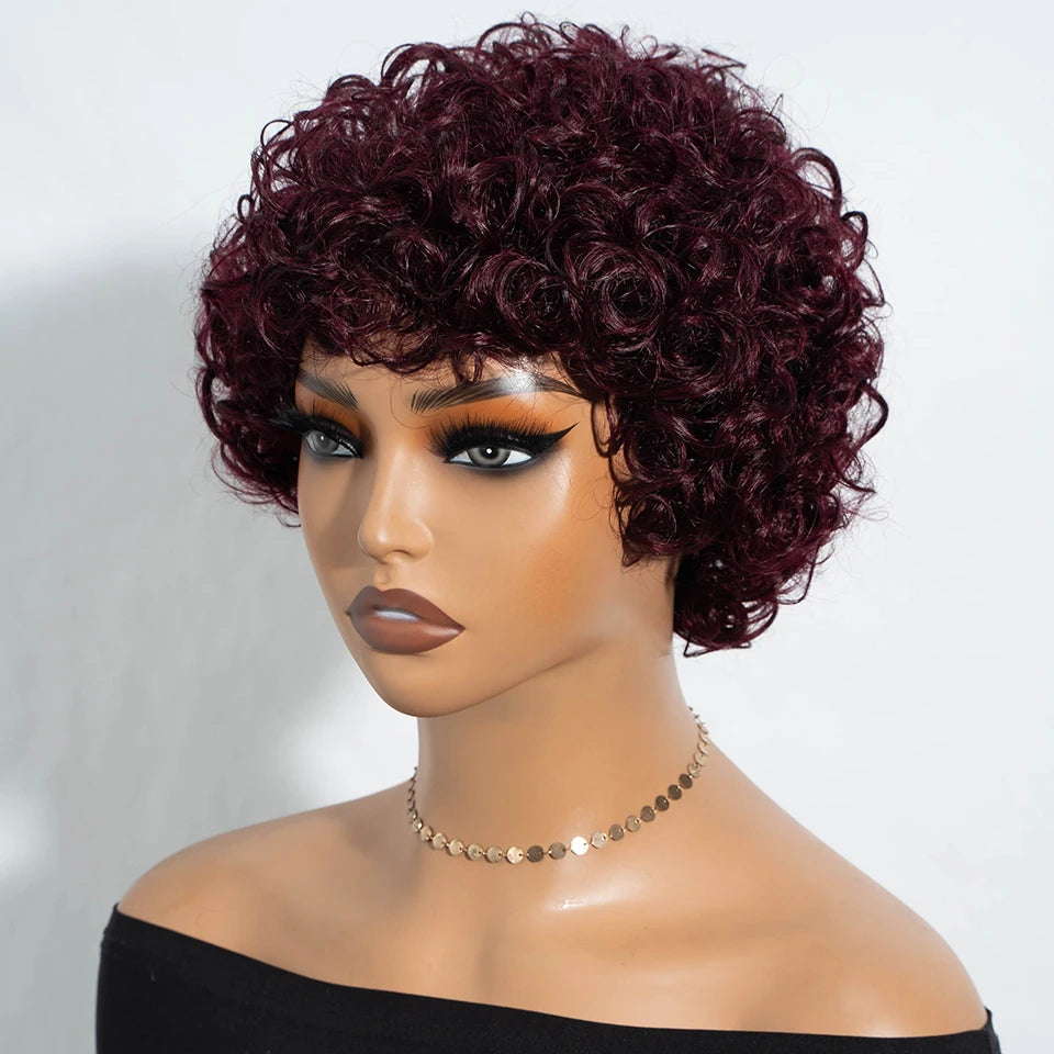 Sleek Short Pixie Afro Kinky Curly Wigs for Black Women Glueless Natural Brown Bob Wig With Bangs Brazilian Human Hair Wigs