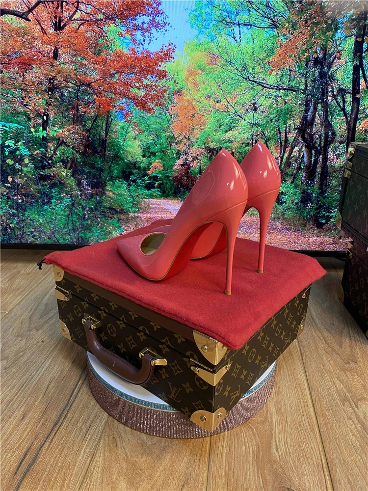 Multi color customized 12cm super high heels, nude white patent leather, sexy red sole, pointed thin single order shoes