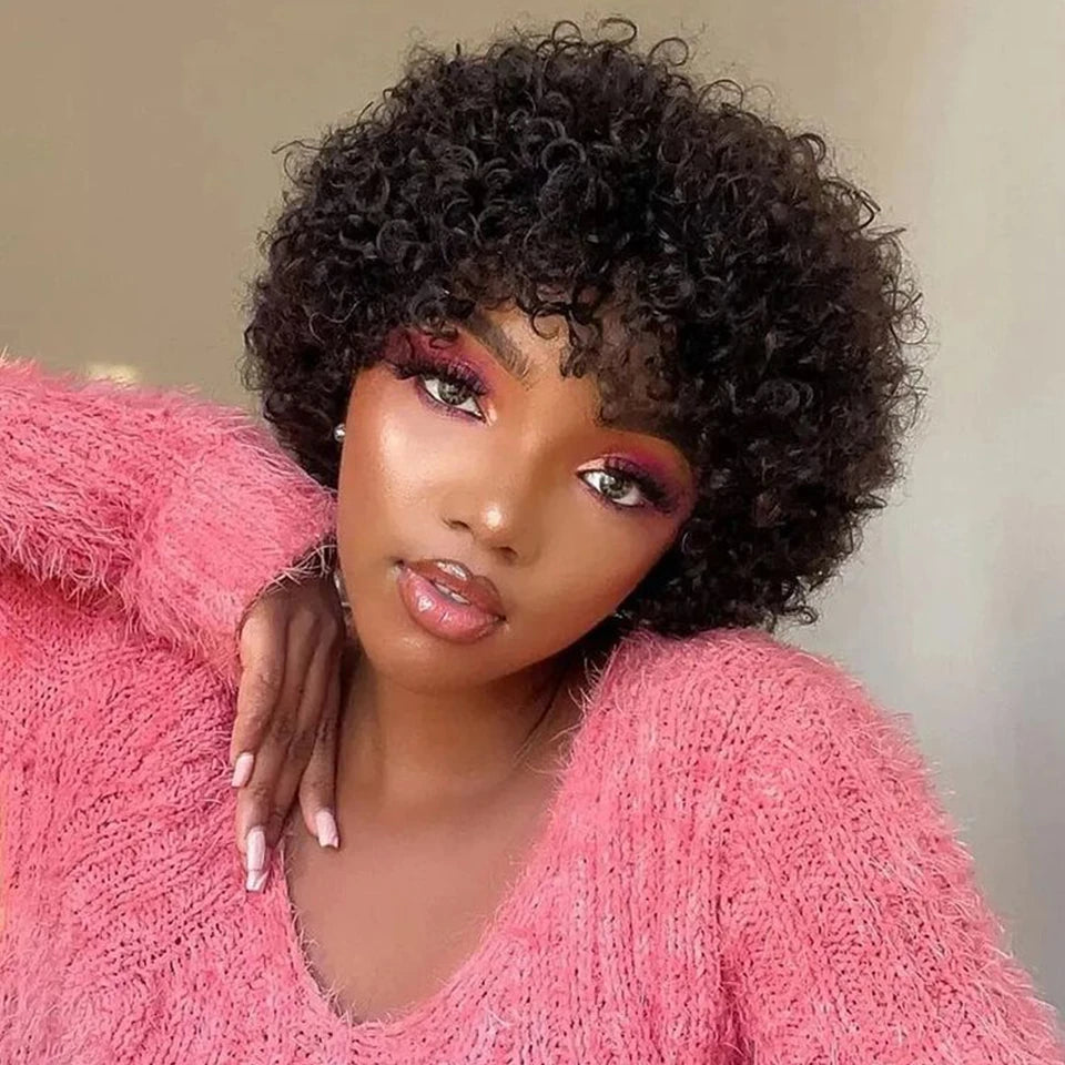 Sleek Short Pixie Afro Kinky Curly Wigs for Black Women Glueless Natural Brown Bob Wig With Bangs Brazilian Human Hair Wigs