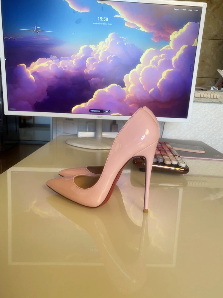Multi color customized 12cm super high heels, nude white patent leather, sexy red sole, pointed thin single order shoes