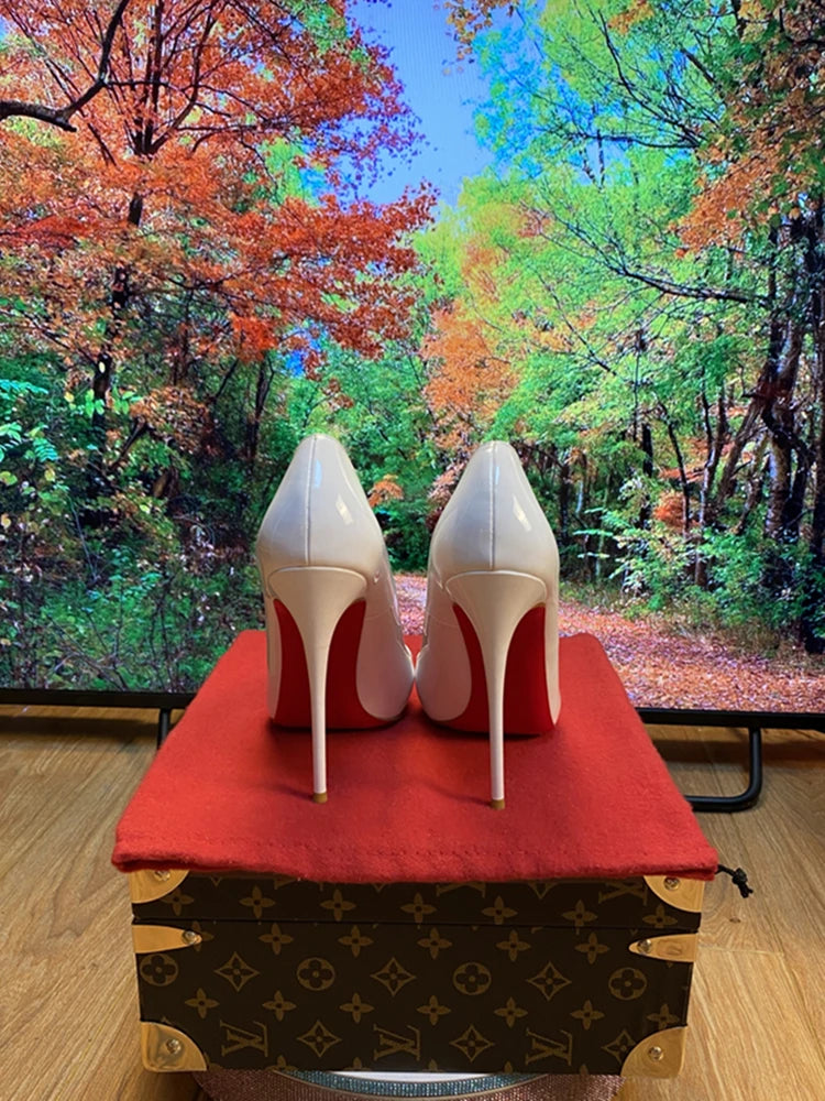 Multi color customized 12cm super high heels, nude white patent leather, sexy red sole, pointed thin single order shoes