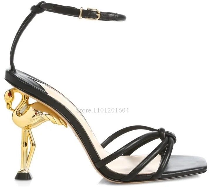 New Women's Bird Hollow Heel Embossed Cross Design Bling Open Slingback Shiny Buckle Sandals Round Toe Gold Modern Fashion Shoes