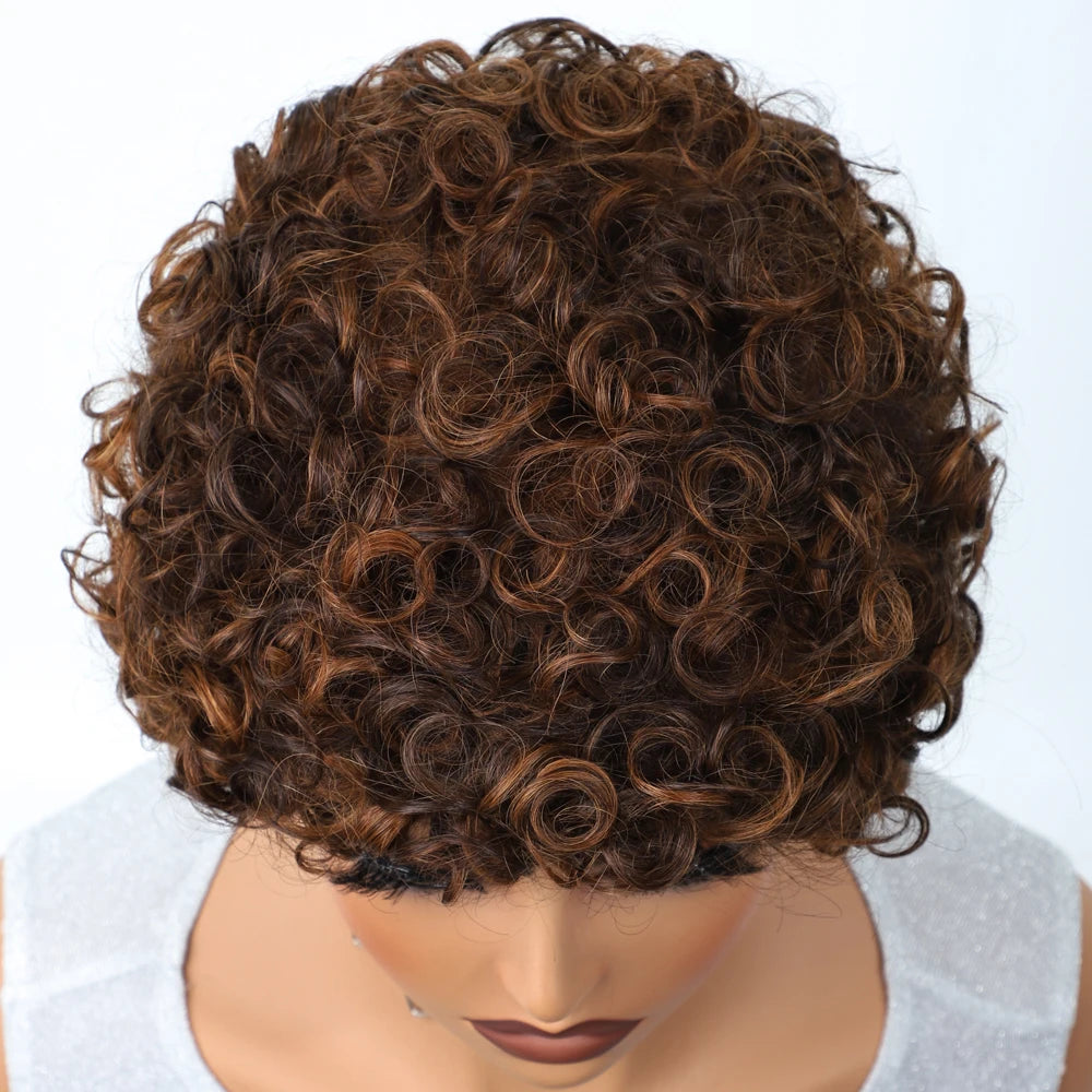 Sleek Short Pixie Afro Kinky Curly Wigs for Black Women Glueless Natural Brown Bob Wig With Bangs Brazilian Human Hair Wigs