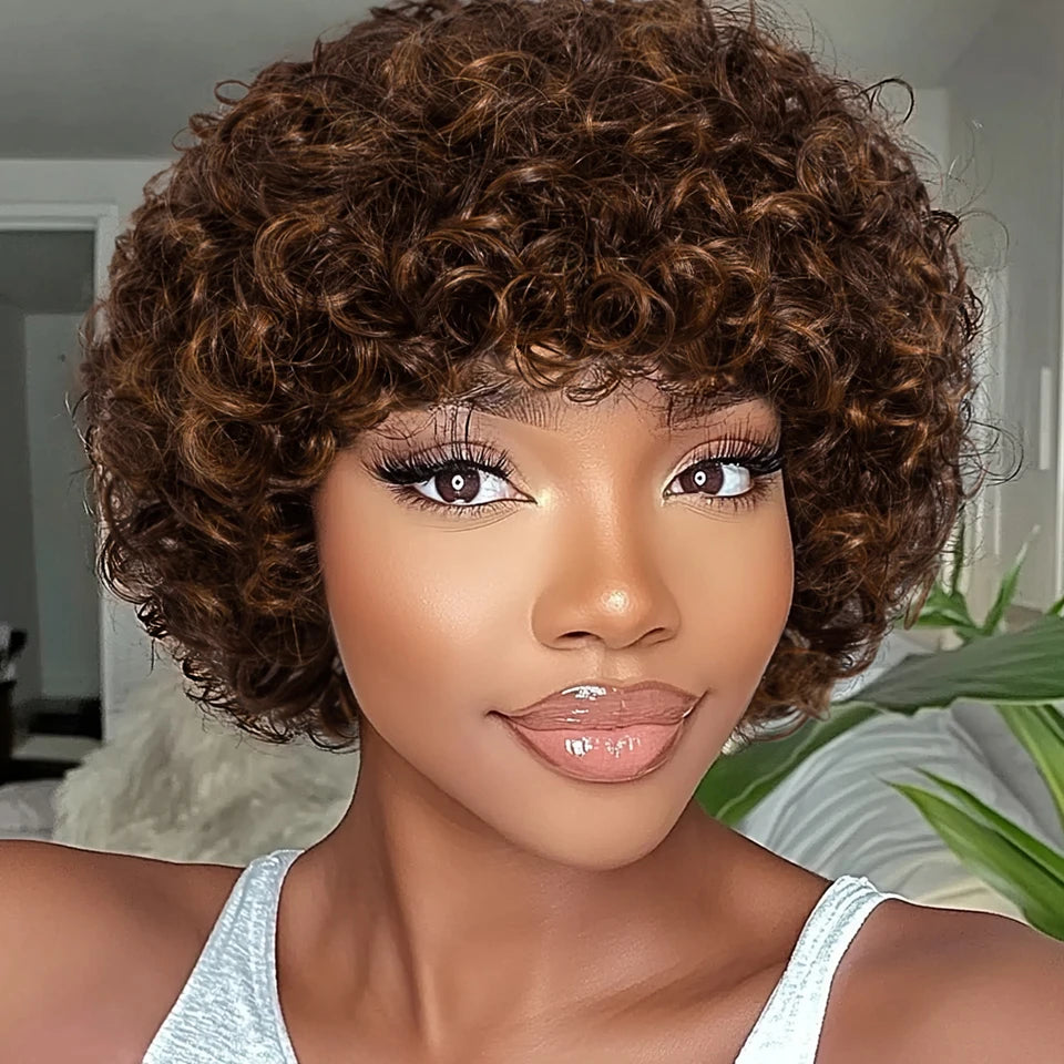 Sleek Short Pixie Afro Kinky Curly Wigs for Black Women Glueless Natural Brown Bob Wig With Bangs Brazilian Human Hair Wigs