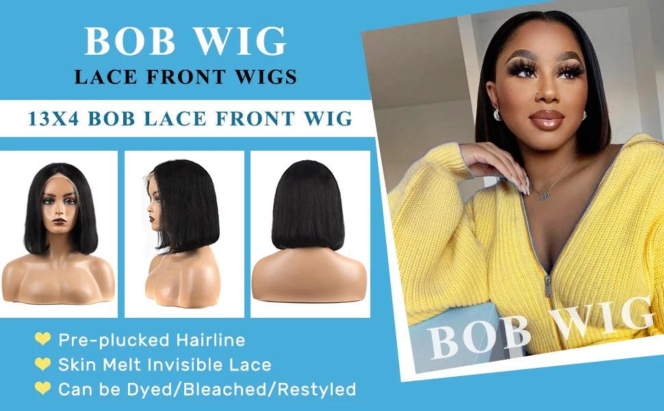 12Inch Bob Wig Human Hair 13x4 Straight Lace Front Wigs Human Hair 180% Density 15A Straight Bob Wigs For Black Women Pre Plucke