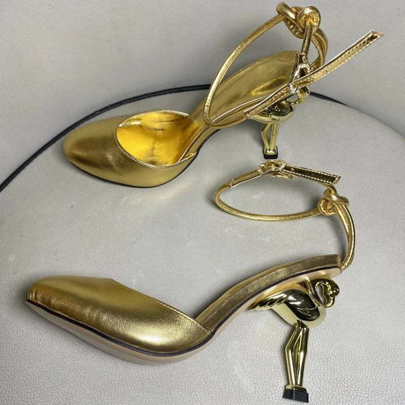 New Women's Bird Hollow Heel Embossed Cross Design Bling Open Slingback Shiny Buckle Sandals Round Toe Gold Modern Fashion Shoes