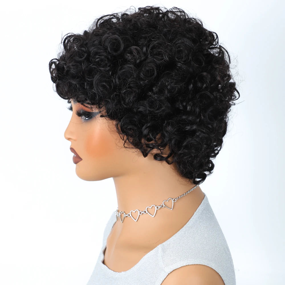 Sleek Short Pixie Afro Kinky Curly Wigs for Black Women Glueless Natural Brown Bob Wig With Bangs Brazilian Human Hair Wigs