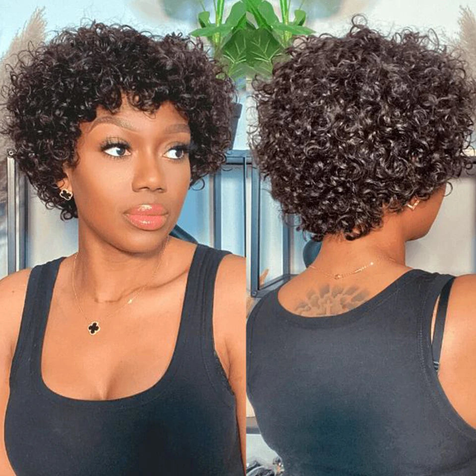 Sleek Short Pixie Afro Kinky Curly Wigs for Black Women Glueless Natural Brown Bob Wig With Bangs Brazilian Human Hair Wigs