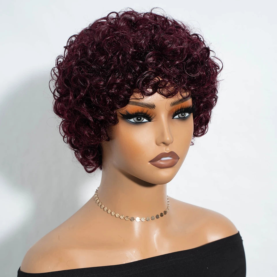 Sleek Short Pixie Afro Kinky Curly Wigs for Black Women Glueless Natural Brown Bob Wig With Bangs Brazilian Human Hair Wigs