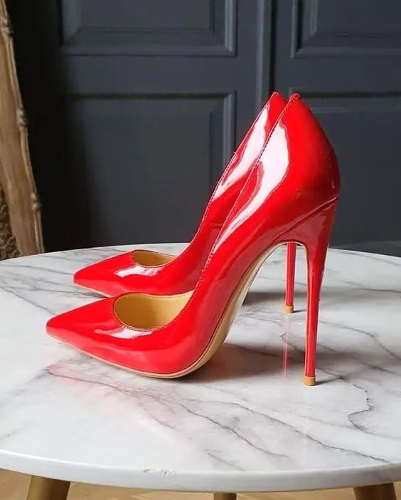 UVRCOS 12cm Yellow Orange Pointed Toe Pumps Stiletto Heels Patent Leather Shallow Dress Shoes Women Sexy Party Heels Red Blue