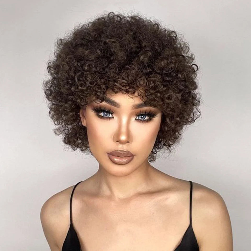 Sleek Short Pixie Afro Kinky Curly Wigs for Black Women Glueless Natural Brown Bob Wig With Bangs Brazilian Human Hair Wigs