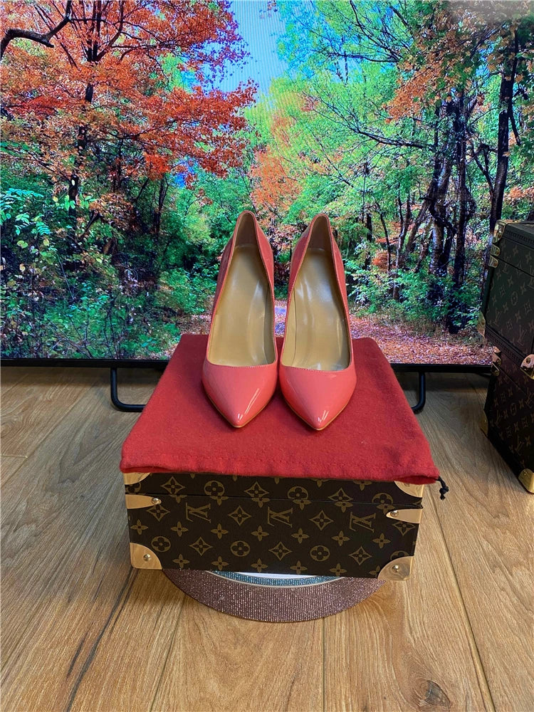 Multi color customized 12cm super high heels, nude white patent leather, sexy red sole, pointed thin single order shoes