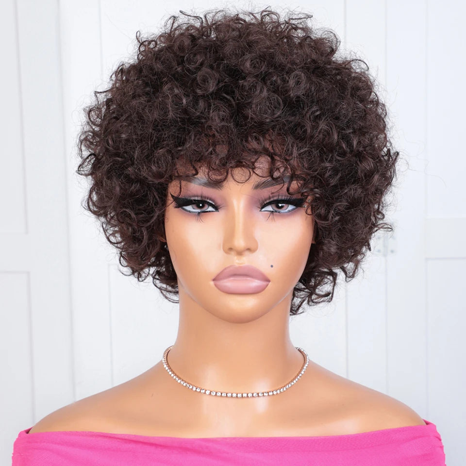 Sleek Short Pixie Afro Kinky Curly Wigs for Black Women Glueless Natural Brown Bob Wig With Bangs Brazilian Human Hair Wigs
