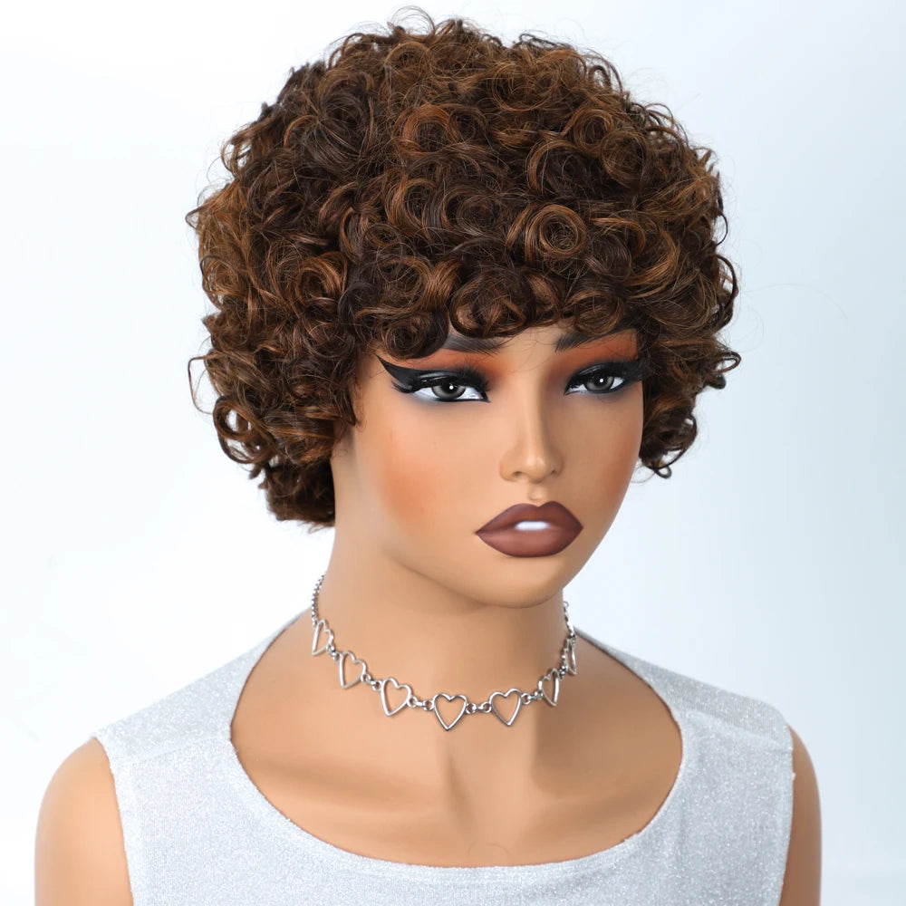 Sleek Short Pixie Afro Kinky Curly Wigs for Black Women Glueless Natural Brown Bob Wig With Bangs Brazilian Human Hair Wigs