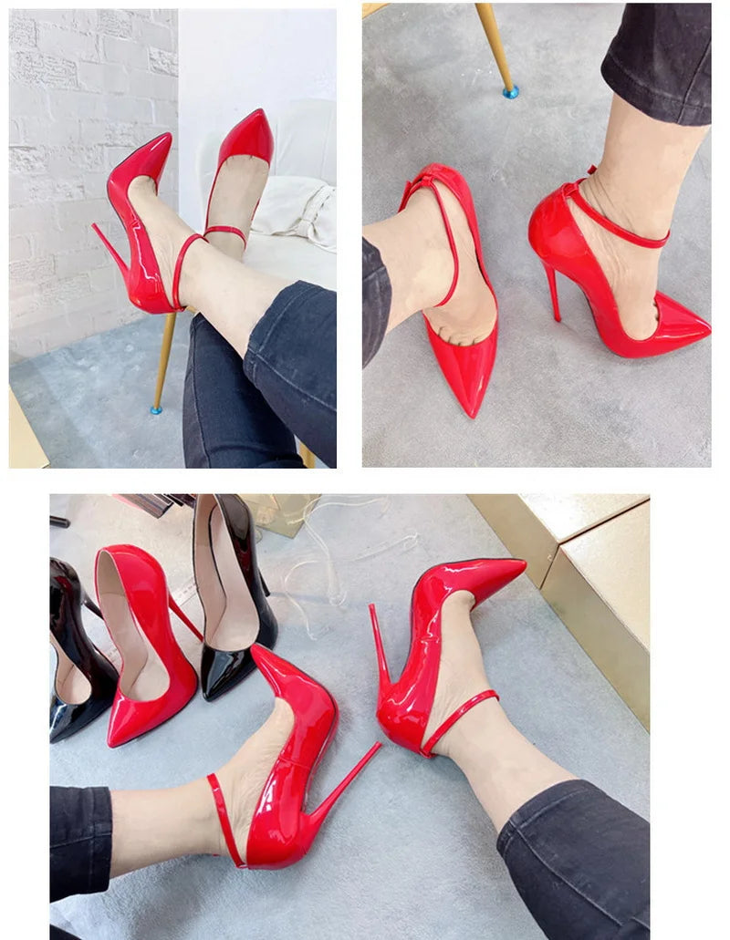 CACA 16cm Women Pumps,Men Cosplay Sexual Bed Shallow Shoes,Fetish High Heels,Pointed Toe,Ankle Strap,Size 36-46,Custom Colors