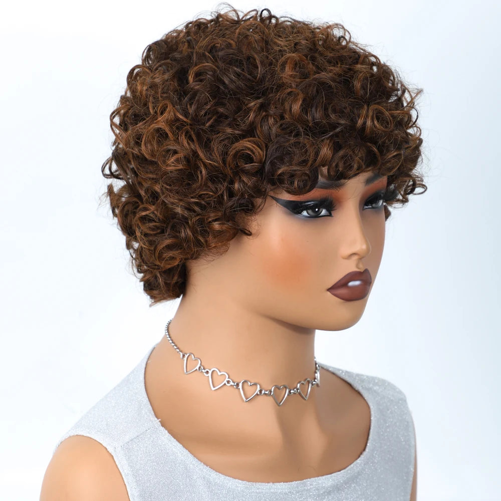 Sleek Short Pixie Afro Kinky Curly Wigs for Black Women Glueless Natural Brown Bob Wig With Bangs Brazilian Human Hair Wigs