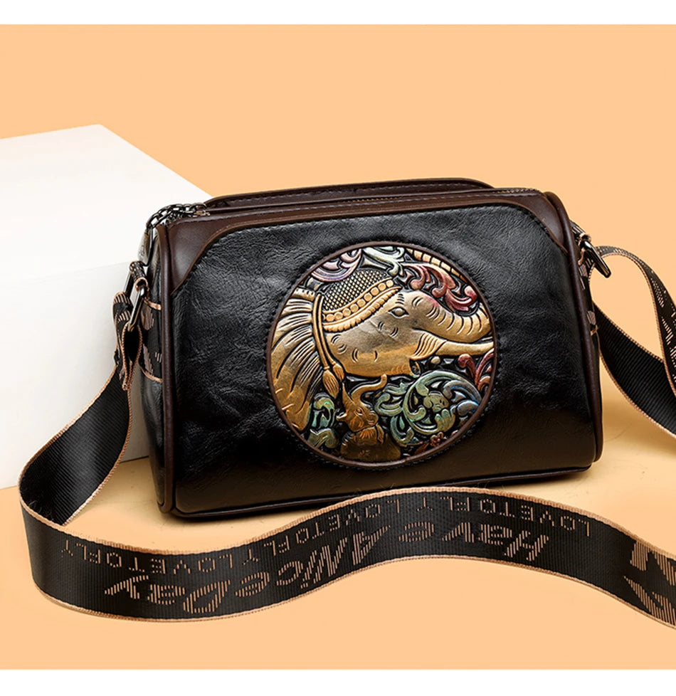 Women's Shoulder Bag Famous Brand Elephant Embroidered Female Messenger Bags Wallet High Quality Leather Girl Bolsas Sac A Main