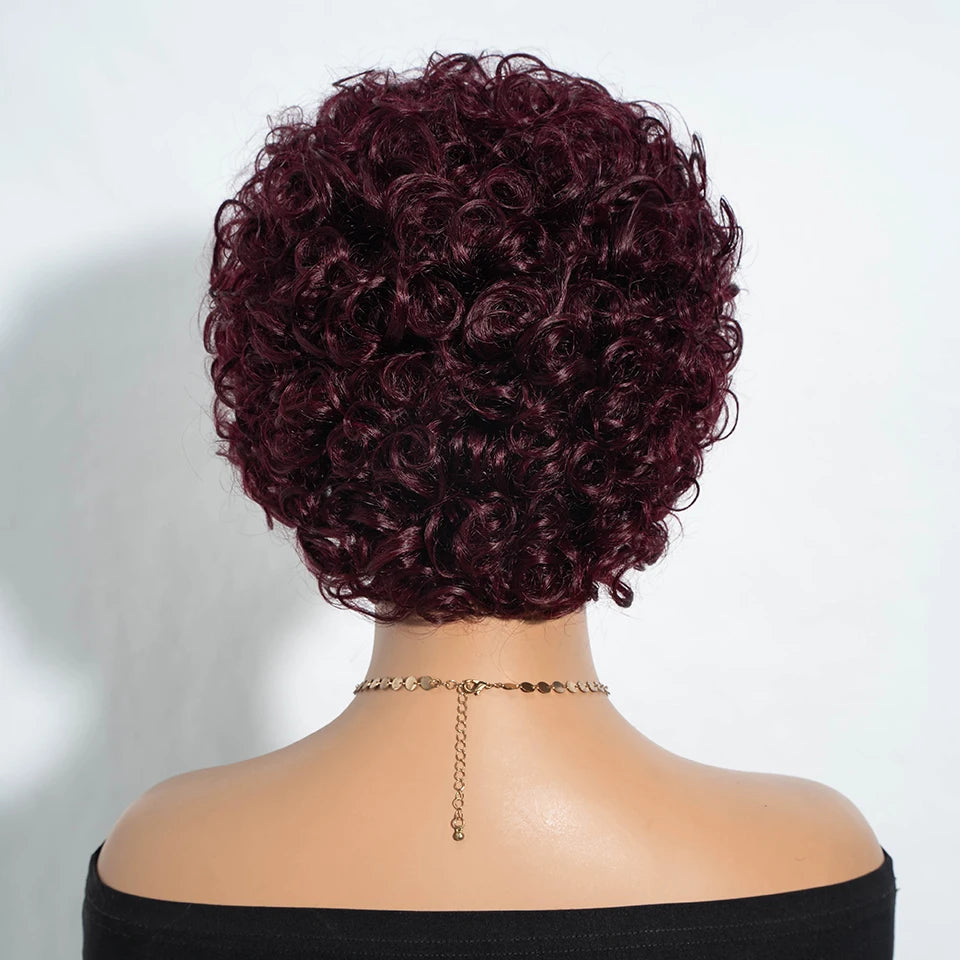 Sleek Short Pixie Afro Kinky Curly Wigs for Black Women Glueless Natural Brown Bob Wig With Bangs Brazilian Human Hair Wigs