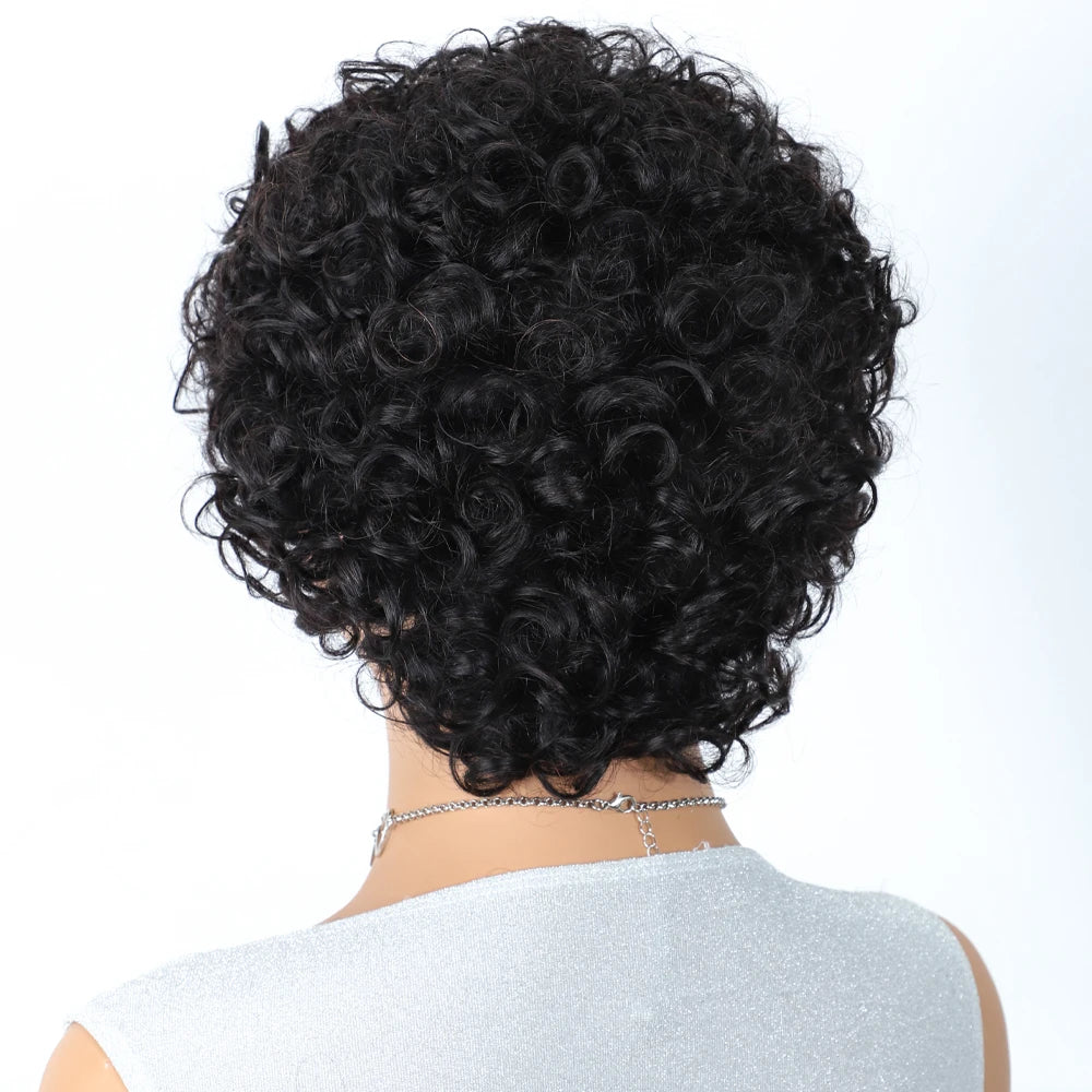 Sleek Short Pixie Afro Kinky Curly Wigs for Black Women Glueless Natural Brown Bob Wig With Bangs Brazilian Human Hair Wigs