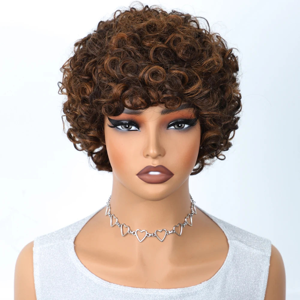 Sleek Short Pixie Afro Kinky Curly Wigs for Black Women Glueless Natural Brown Bob Wig With Bangs Brazilian Human Hair Wigs