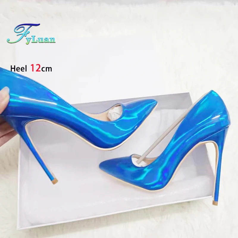 Pink 10CM 12CM High Heels Women Laser Holographic Party Dress Shoes Magical Colour Fashion Pointed Elegant Ladies Pumps Size 45