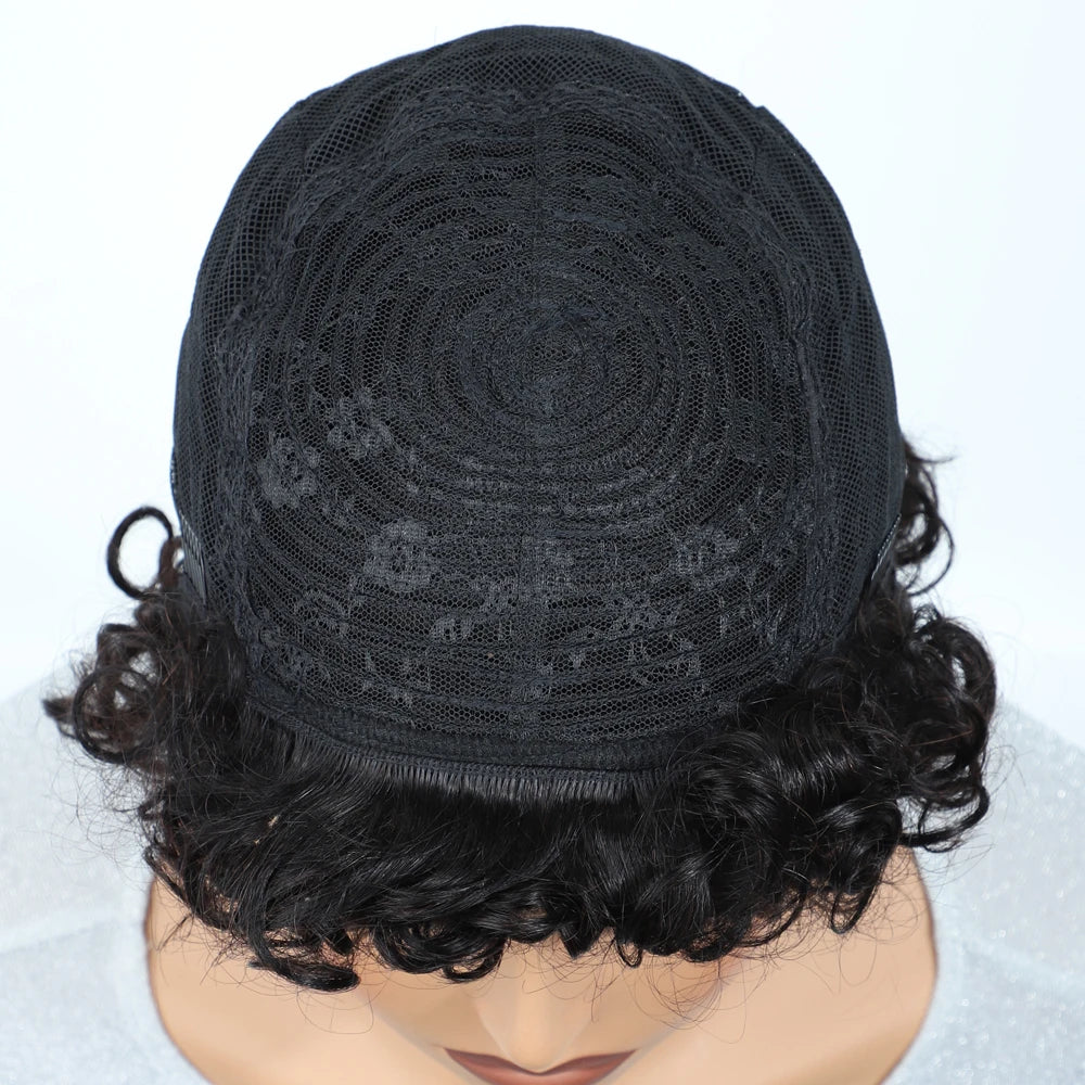 Sleek Short Pixie Afro Kinky Curly Wigs for Black Women Glueless Natural Brown Bob Wig With Bangs Brazilian Human Hair Wigs
