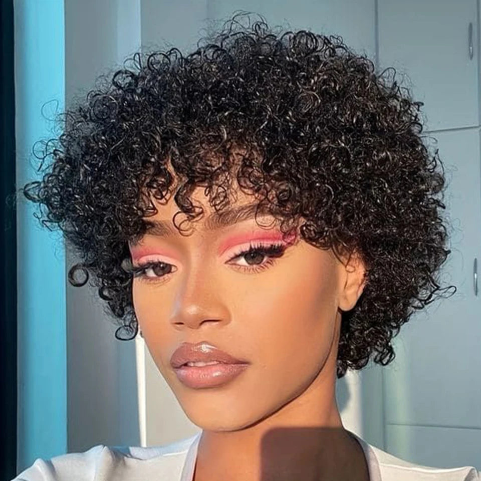 Sleek Short Pixie Afro Kinky Curly Wigs for Black Women Glueless Natural Brown Bob Wig With Bangs Brazilian Human Hair Wigs