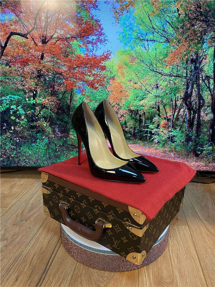 Multi color customized 12cm super high heels, nude white patent leather, sexy red sole, pointed thin single order shoes