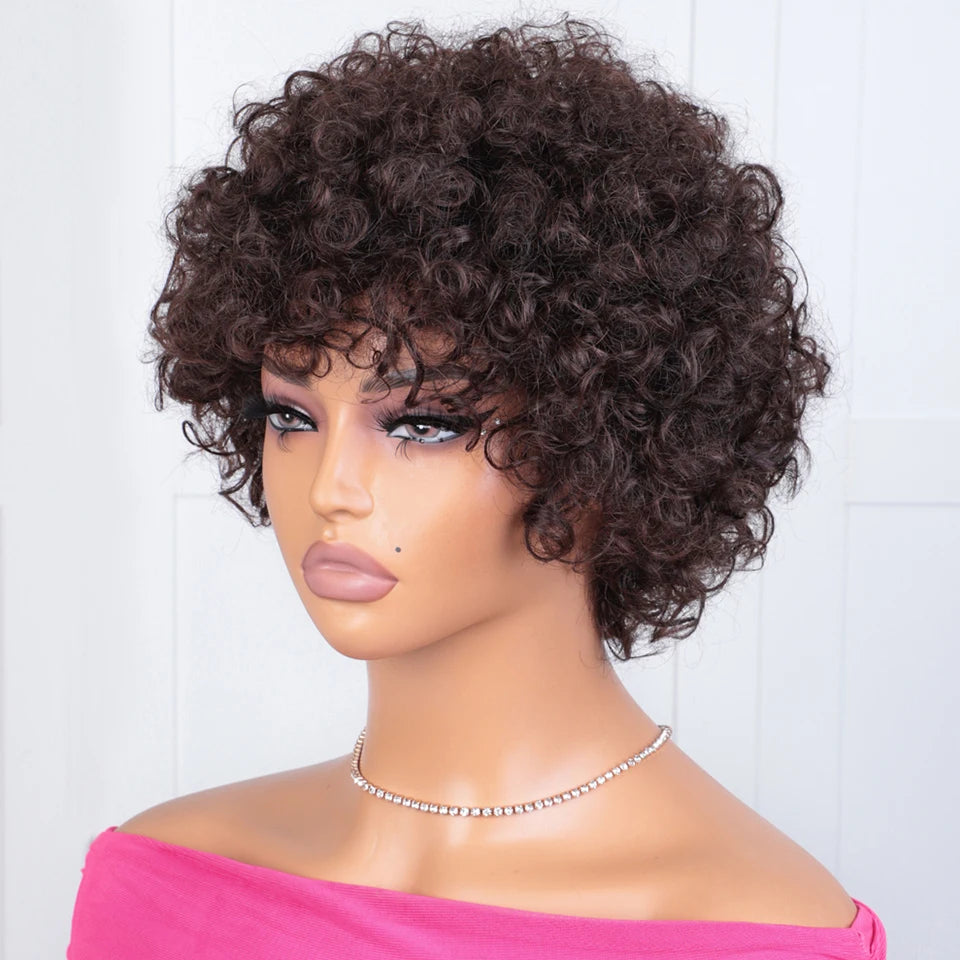 Sleek Short Pixie Afro Kinky Curly Wigs for Black Women Glueless Natural Brown Bob Wig With Bangs Brazilian Human Hair Wigs